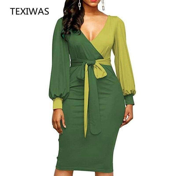 Planet Gates photo1 / S New Elegant Women V-Neck Patchwork Colorblock Side Slit Business Office Party Bodycon Dress Plus Size slim Dressese
