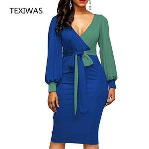 Planet Gates photo1 / S New Elegant Women V-Neck Patchwork Colorblock Side Slit Business Office Party Bodycon Dress Plus Size slim Dressese
