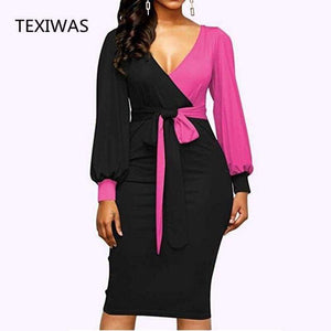 Planet Gates photo1 / S New Elegant Women V-Neck Patchwork Colorblock Side Slit Business Office Party Bodycon Dress Plus Size slim Dressese