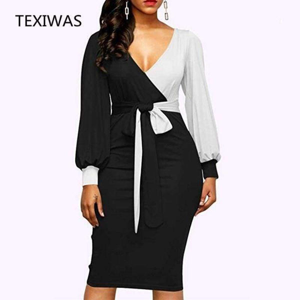 Planet Gates photo1 / S TEXIWAS 2018 Nové elegantní dámské šaty s výstřihem do V, patchworkovými barevnými bloky a bočním rozparkem, obchodní, kancelářské, večírek, přiléhavé, plus size, štíhlé šaty