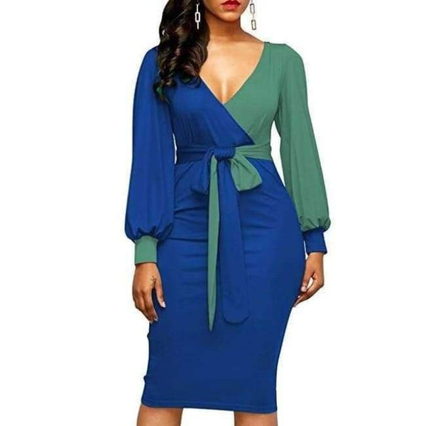 Planet Gates photo2 / S New Elegant Women V-Neck Patchwork Colorblock Side Slit Business Office Party Bodycon Dress Plus Size slim Dressese