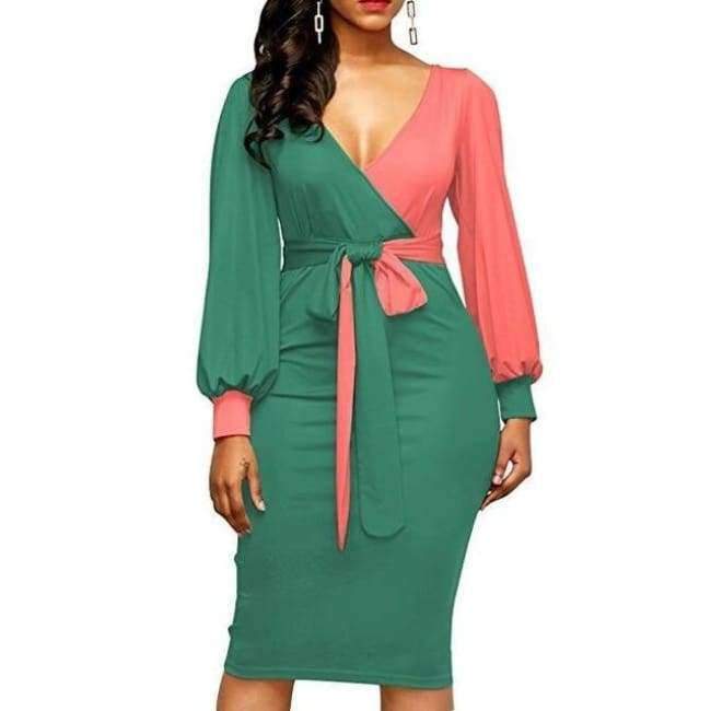 Planet Gates photo1 / S New Elegant Women V-Neck Patchwork Colorblock Side Slit Business Office Party Bodycon Dress Plus Size slim Dressese