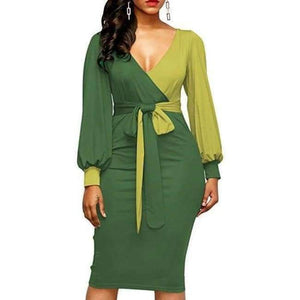 Planet Gates photo4 / S New Elegant Women V-Neck Patchwork Colorblock Side Slit Business Office Party Bodycon Dress Plus Size slim Dressese