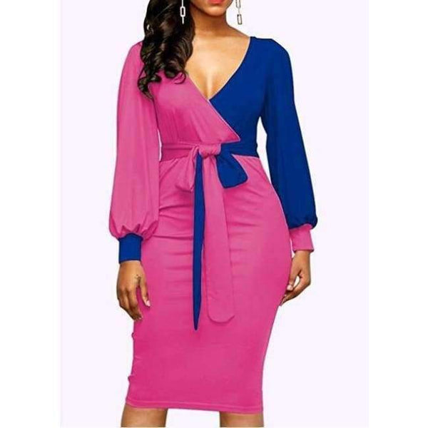 Planet Gates photo5 / S New Elegant Women V-Neck Patchwork Colorblock Side Slit Business Office Party Bodycon Dress Plus Size slim Dressese