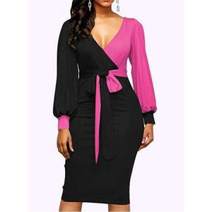 Planet Gates photo6 / S New Elegant Women V-Neck Patchwork Colorblock Side Slit Business Office Party Bodycon Dress Plus Size slim Dressese