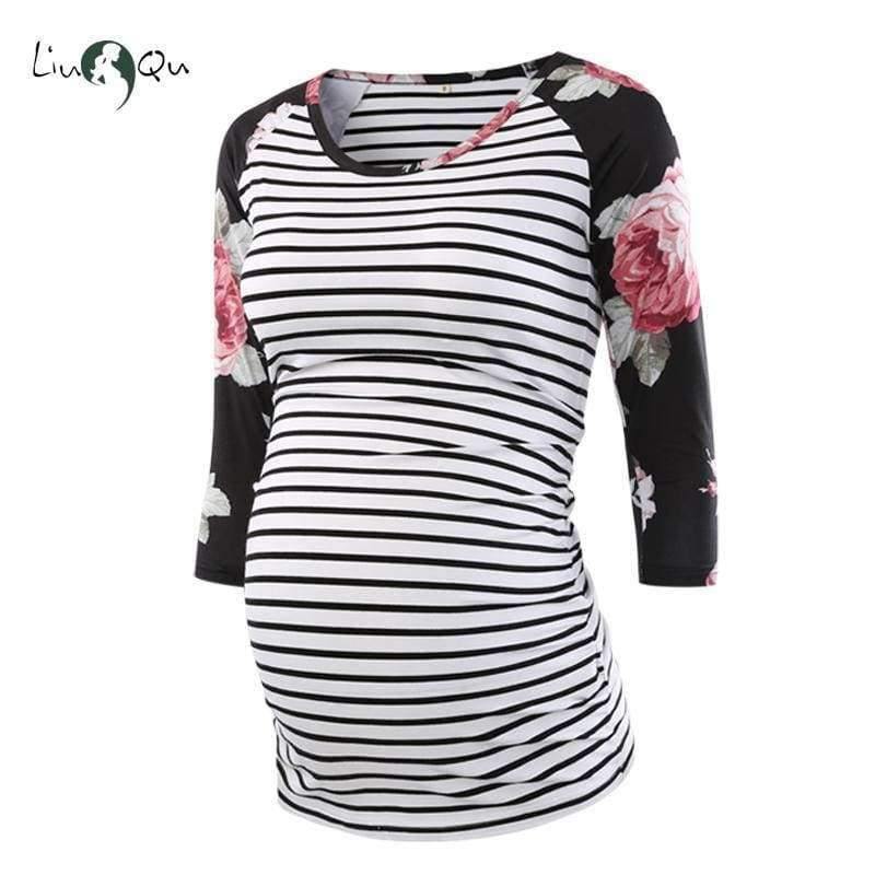 Planet Gates pic 4 / L Pregnant Blouse Maternity Clothes Side Ruched 3 Quarter Sleeve Tops Striped Floral  Jersey Top Pregnancy Clothes for Women Tops
