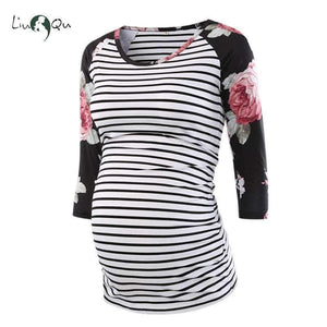 Planet Gates pic 4 / L Pregnant Blouse Maternity Clothes Side Ruched 3 Quarter Sleeve Tops Striped Floral  Jersey Top Pregnancy Clothes for Women Tops