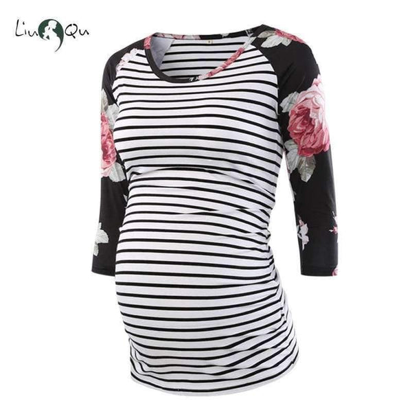 Planet Gates pic 4 / L Pregnant Blouse Maternity Clothes Side Ruched 3 Quarter Sleeve Tops Striped Floral  Jersey Top Pregnancy Clothes for Women Tops