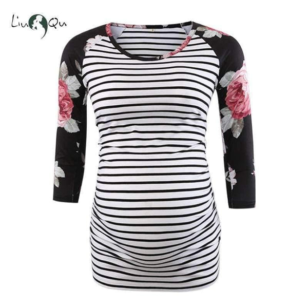 Planet Gates pic 4 / L Pregnant Blouse Maternity Clothes Side Ruched 3 Quarter Sleeve Tops Striped Floral  Jersey Top Pregnancy Clothes for Women Tops