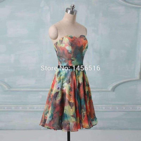 Planet Gates pic color / 6 Hot selling 2018 A line Sweetheart Chiffon mini short party dresses Floral Flower printed cocktail dress