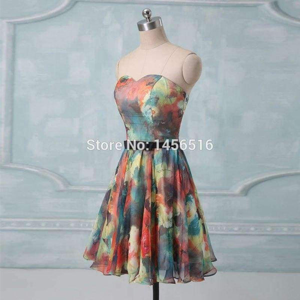 Planet Gates pic color / 6 Hot selling 2018 A line Sweetheart Chiffon mini short party dresses Floral Flower printed cocktail dress