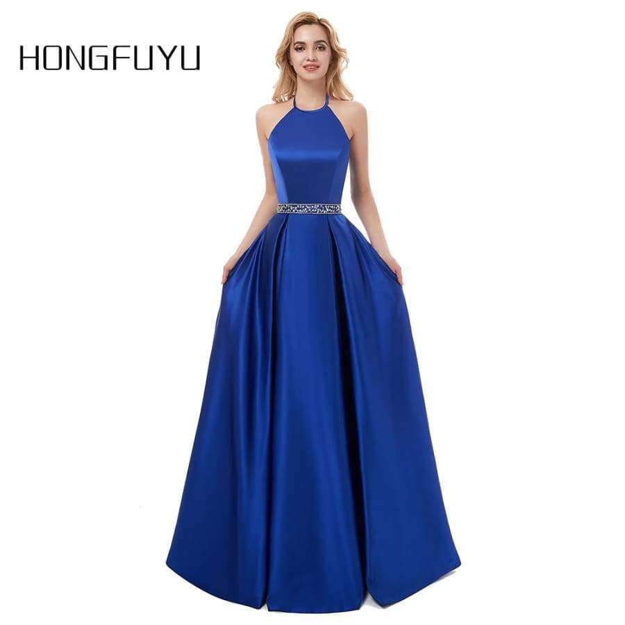 Planet Gates picture color 1 / 2 Marriage Satin Halter A Line Long Evening Dresses 2018 Sleeveless Backless Beading Floor Length Evening Dress HFY50901