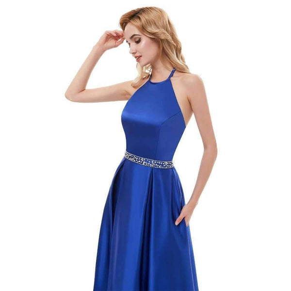 Planet Gates picture color 1 / 2 Marriage Satin Halter A Line Long Evening Dresses 2018 Sleeveless Backless Beading Floor Length Evening Dress HFY50901