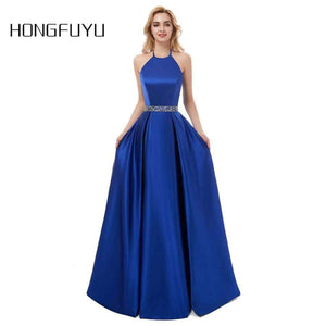 Planet Gates picture color 1 / 2 Marriage Satin Halter A Line Long Evening Dresses 2018 Sleeveless Backless Beading Floor Length Evening Dress HFY50901