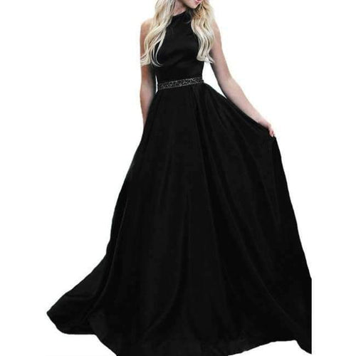 Planet Gates picture color 1 / 2 Marriage Satin Halter A Line Long Evening Dresses 2018 Sleeveless Backless Beading Floor Length Evening Dress HFY50901