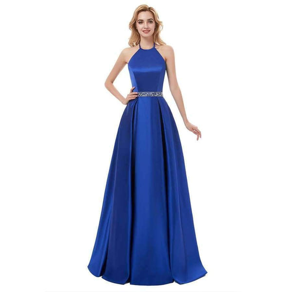 Planet Gates picture color 1 / 2 Marriage Satin Halter A Line Long Evening Dresses 2018 Sleeveless Backless Beading Floor Length Evening Dress HFY50901