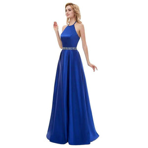 Planet Gates picture color 1 / 2 Marriage Satin Halter A Line Long Evening Dresses 2018 Sleeveless Backless Beading Floor Length Evening Dress HFY50901