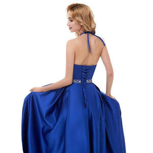 Planet Gates picture color 1 / 2 Marriage Satin Halter A Line Long Evening Dresses 2018 Sleeveless Backless Beading Floor Length Evening Dress HFY50901