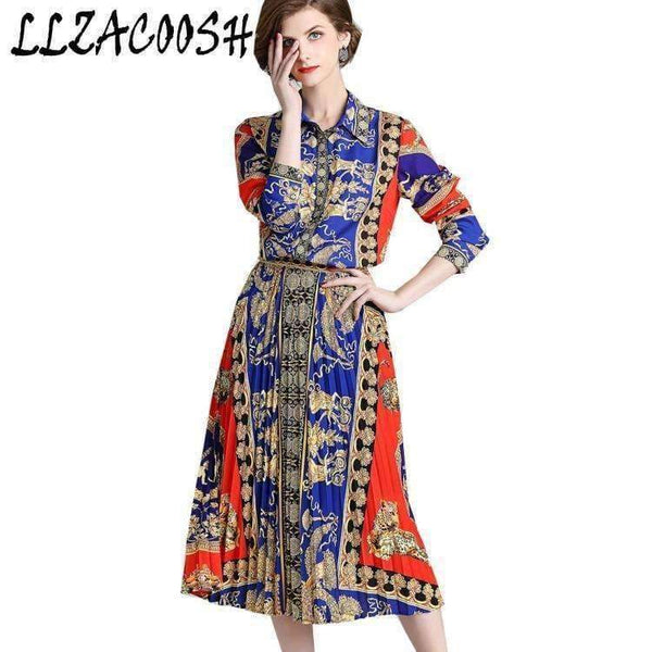 Planet Gates picture color / M Autumn Runway Suit Set Women's Long Sleeve Vintage Pattern Print Blouse Shirts + Long Pleated Skirt 2 Pieces Set