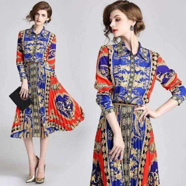 Planet Gates picture color / M Autumn Runway Suit Set Women's Long Sleeve Vintage Pattern Print Blouse Shirts + Long Pleated Skirt 2 Pieces Set