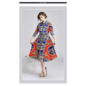 Planet Gates picture color / M Autumn Runway Suit Set Women's Long Sleeve Vintage Pattern Print Blouse Shirts + Long Pleated Skirt 2 Pieces Set