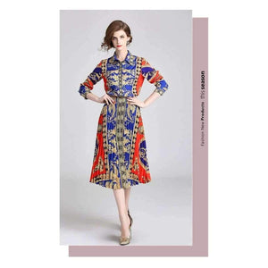 Planet Gates picture color / M Autumn Runway Suit Set Women's Long Sleeve Vintage Pattern Print Blouse Shirts + Long Pleated Skirt 2 Pieces Set