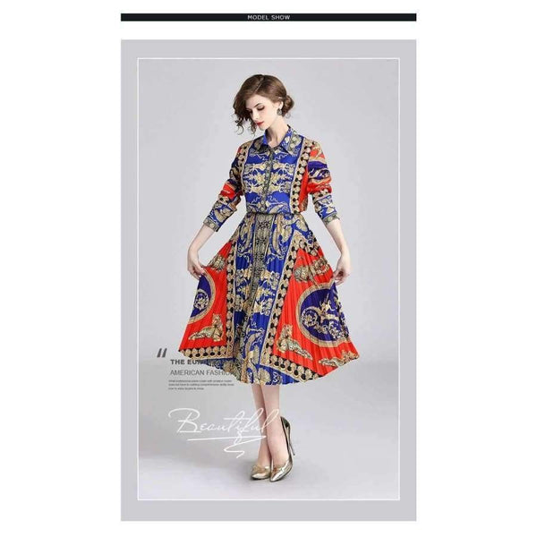 Planet Gates picture color / M Autumn Runway Suit Set Women's Long Sleeve Vintage Pattern Print Blouse Shirts + Long Pleated Skirt 2 Pieces Set