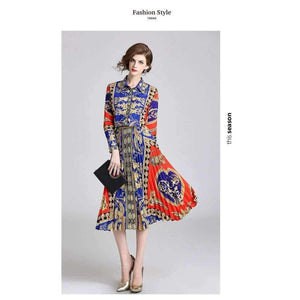 Planet Gates picture color / M Autumn Runway Suit Set Women's Long Sleeve Vintage Pattern Print Blouse Shirts + Long Pleated Skirt 2 Pieces Set