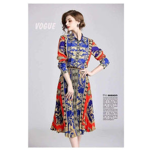 Planet Gates picture color / M Autumn Runway Suit Set Women's Long Sleeve Vintage Pattern Print Blouse Shirts + Long Pleated Skirt 2 Pieces Set