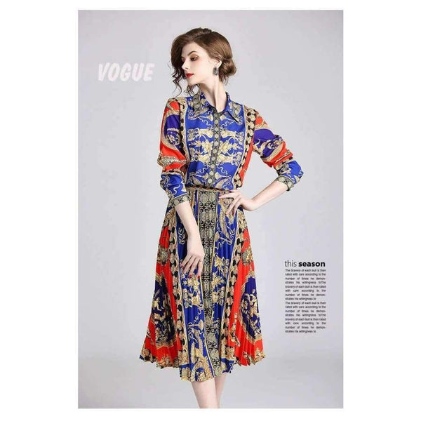 Planet Gates picture color / M Autumn Runway Suit Set Women's Long Sleeve Vintage Pattern Print Blouse Shirts + Long Pleated Skirt 2 Pieces Set