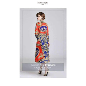 Planet Gates picture color / M Autumn Runway Suit Set Women's Long Sleeve Vintage Pattern Print Blouse Shirts + Long Pleated Skirt 2 Pieces Set