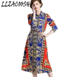 Planet Gates picture color / M Autumn Runway Suit Set Women's Long Sleeve Vintage Pattern Print Blouse Shirts + Long Pleated Skirt 2 Pieces Set