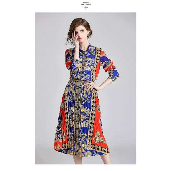 Planet Gates picture color / M Autumn Runway Suit Set Women's Long Sleeve Vintage Pattern Print Blouse Shirts + Long Pleated Skirt 2 Pieces Set