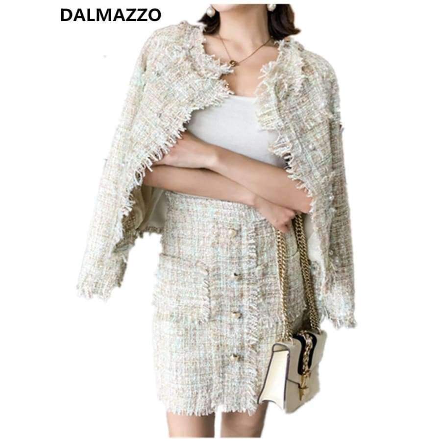Planet Gates picture color / S Newest Design Autumn Tassel Tweed Wool 2 pieces Sets Women Office Clothing Mujer Pearl jacket Coats + Skirt Suits