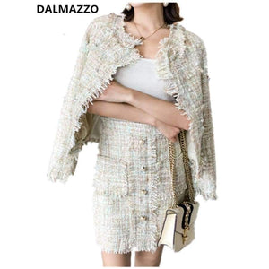 Planet Gates picture color / S Newest Design Autumn Tassel Tweed Wool 2 pieces Sets Women Office Clothing Mujer Pearl jacket Coats + Skirt Suits