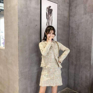 Planet Gates picture color / S Newest Design Autumn Tassel Tweed Wool 2 pieces Sets Women Office Clothing Mujer Pearl jacket Coats + Skirt Suits