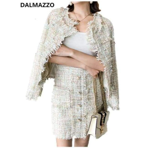 Planet Gates picture color / S Newest Design Autumn Tassel Tweed Wool 2 pieces Sets Women Office Clothing Mujer Pearl jacket Coats + Skirt Suits