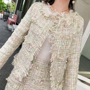 Planet Gates picture color / S Newest Design Autumn Tassel Tweed Wool 2 pieces Sets Women Office Clothing Mujer Pearl jacket Coats + Skirt Suits