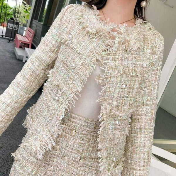Planet Gates picture color / S Newest Design Autumn Tassel Tweed Wool 2 pieces Sets Women Office Clothing Mujer Pearl jacket Coats + Skirt Suits