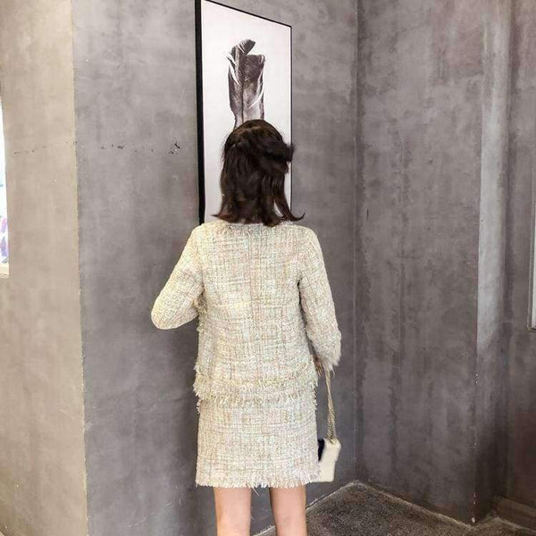 Planet Gates picture color / S Newest Design Autumn Tassel Tweed Wool 2 pieces Sets Women Office Clothing Mujer Pearl jacket Coats + Skirt Suits