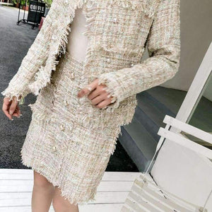 Planet Gates picture color / S Newest Design Autumn Tassel Tweed Wool 2 pieces Sets Women Office Clothing Mujer Pearl jacket Coats + Skirt Suits
