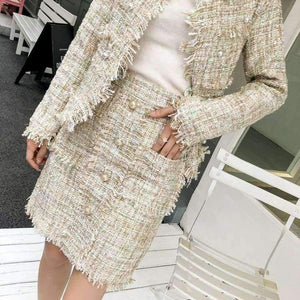 Planet Gates picture color / S Newest Design Autumn Tassel Tweed Wool 2 pieces Sets Women Office Clothing Mujer Pearl jacket Coats + Skirt Suits