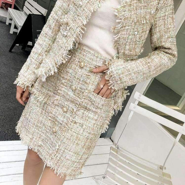 Planet Gates picture color / S Newest Design Autumn Tassel Tweed Wool 2 pieces Sets Women Office Clothing Mujer Pearl jacket Coats + Skirt Suits