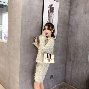 Planet Gates picture color / S Newest Design Autumn Tassel Tweed Wool 2 pieces Sets Women Office Clothing Mujer Pearl jacket Coats + Skirt Suits