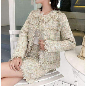 Planet Gates picture color / S Newest Design Autumn Tassel Tweed Wool 2 pieces Sets Women Office Clothing Mujer Pearl jacket Coats + Skirt Suits