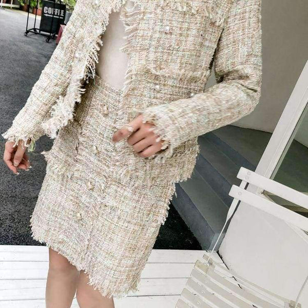 Planet Gates picture color / S Newest Design Autumn Tassel Tweed Wool 2 pieces Sets Women Office Clothing Mujer Pearl jacket Coats + Skirt Suits