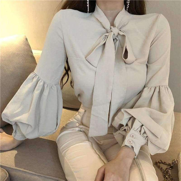 Planet Gates picture color / S Set Bow Puff Sleeve Blouses & High Waist Zippers Flare Pant OL Women Sets Casual Pant Suits Autumn 2018