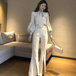 Planet Gates picture color / S Set Bow Puff Sleeve Blouses & High Waist Zippers Flare Pant OL Women Sets Casual Pant Suits Autumn 2018
