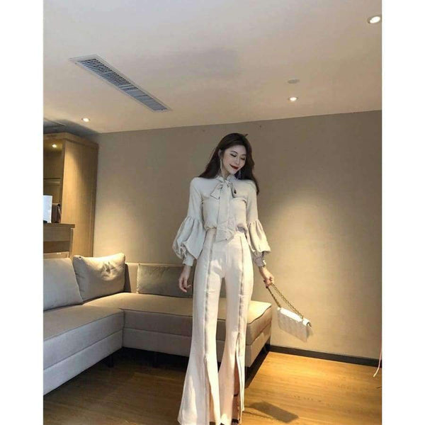 Planet Gates picture color / S Set Bow Puff Sleeve Blouses & High Waist Zippers Flare Pant OL Women Sets Casual Pant Suits Autumn 2018