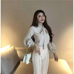 Set Bow Puff Sleeve Blouses & High Waist Zippers Flare Pant OL Women Sets Casual Pant Suits Autumn 2018